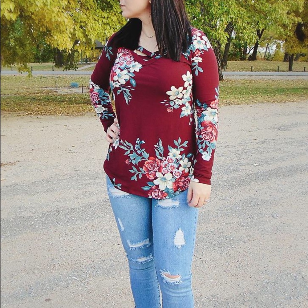 Maroon Floral Criss Cross Top